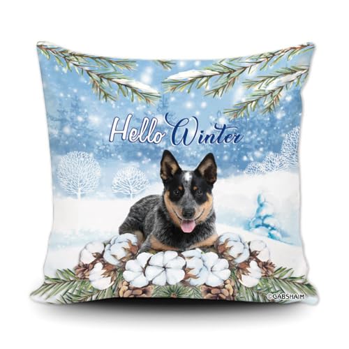 GABSHAIM Hello Winter Blue Heeler Dog Throw Pillow Cover Snowflake Puppy Print Christmas Home Decor Pillowcase for Couch Chair Canvas 18X18 Inch Double Side