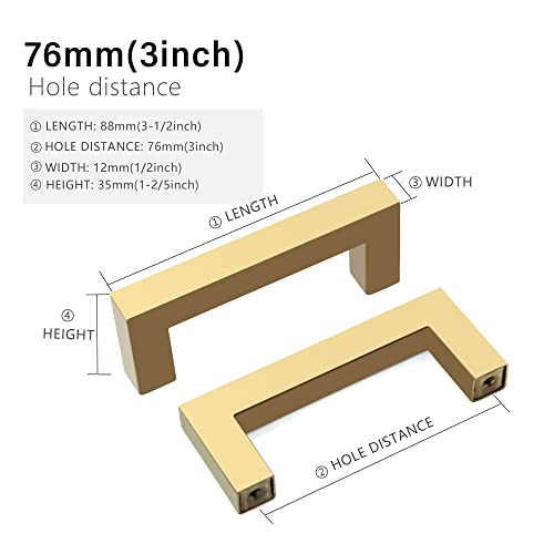 Redunest Cabinet Pulls Gold Cabinet Handles Square Drawer Pulls, 40 Pack 3 Inch Stainless Steel Kitchen Door Cupboard Cabinet Handles, Drawer Hardware Handles, 76mm Hole Centers by Redunest - Image 2