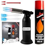 CHALUMINO Chalumeau de Cuisine Kit Complet avec Bouteille de Gaz 300ml + 2 Pinceaux Inclus, Chalumeau à 2 Sorties de Flamme Rechargeable en Butane pour Crème Brûlée, Pâtisserie et Barbecue