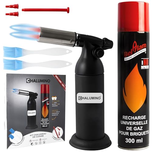 Chalumeau de Cuisine | Kit Complet Chalumeau professionnel + Bouteille de Gaz 300ml+2 Pinceaux Inclus, 2 Sorties de Flamme Rechargeable en gaz Butane Belflam pour Crème Brûlée, Pâtisserie et Barbecue