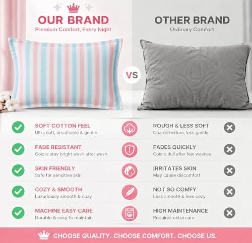 Image of VAS COLLECTIONS Premium 210 TC Cotton Satin Stripe Pillow Cover Set of 2 (18x28 Inches) | Hotel Quality Soft Breathable Pillow Cases | Pillow Covers for Home Hotel Hospital Use, Pink & Blue