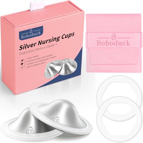 Image of Boboduck 999 Silver Nipple Covers Breastfeeding - The Original Silver Nursing Cups - Protect and Soothe Sore Nipples - Silver Nipple Shield Guards with Soft Silicone Ring