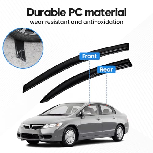 Image of Civic Rain Guards - Window Visors for 2006-2011 Honda Civic 4 Door Sedan Model, Out-Channel Side Window Rain Guards for Civic Accessories, 4PCS, Black, Car Accessories