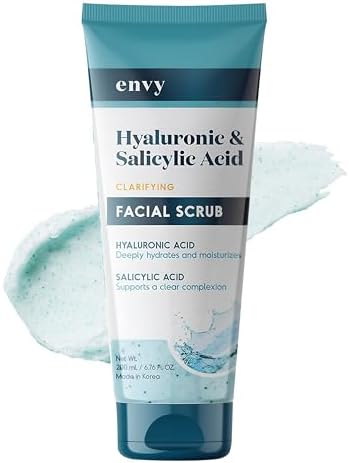 Envy Hyaluronic Acid & Salicylic Acid Face Scrub - Hydrating, Moisturizing & Anti-Aging Facial Exfoliating Scrub - Dermatologist Tested, Clean Beauty for All Skin Types - 6.76 Oz
