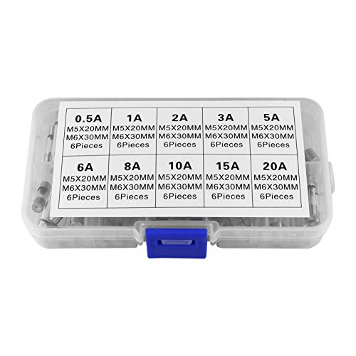 VILLCASE 60Pcs 0. 5A-20A Tubo de Vidro Fusá­vel Tubo de Proteção Fusá­veis de Vidro de Sopro Rápido