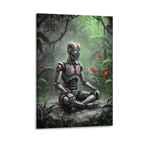 Robot en Méditation Jungle Illustration Rétro Toile Durable POLIUAWS