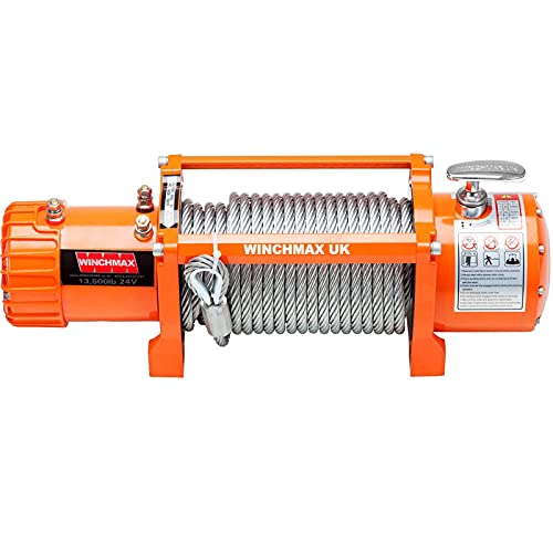 WINCHMAX 13,500lb (6,123kg) Original Orange 24v Electric Winch. 26m x 9.5mm Steel Wire Rope, 3/8 Inch Hook.