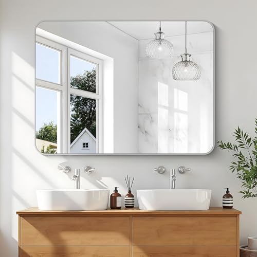 Image of KOCUUY Silver Bathroom Mirror, 48x36 Inch Large Bathroom Mirror for Over Sink, HD Tempered Glass, Anti-Rust Brushed Silver Frame, Rounded Corner Modern Design for Bathroom, Hang Horizontal /Vertical