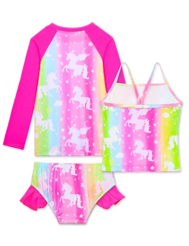 Image of Girls Rash Guard Swimsuit 3 Pieces Long Sleeve UPF50+ Quick Dry Bathing Suit for Toddler 3-12Y