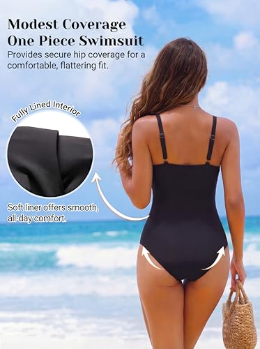 Image of Smismivo Women's Tummy Control Swimsuit One Piece Slimming Ruched Push Up Bathing Suit Vintage Padded Retro V Neck Swimwear