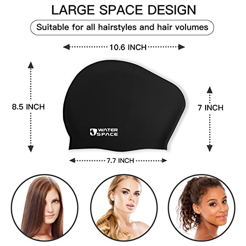 Water Space Swimming Cap for Women Ladies Man Adult Swimming Caps for Long Hair 2 Packs Waterproof Silicone Swimming Cap (Black & Blue) - Image 2
