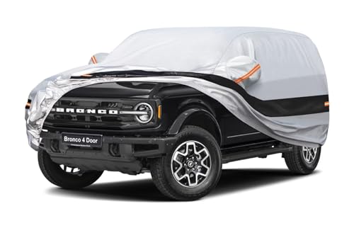 Image of 10 Layers SUV Car Cover Custom Fit for Ford Bronco 4 Door (2021-2026), Waterproof All Weather for Automobiles, Outdoor Full Cover Sun Dust Rain Protection with Cotton. Silver