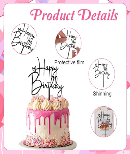 Image of 4Pcs Happy Birthday Cake Topper, Gold Pink Silver Black Cake Toppers for Cake Decoration, Elegant Cake Stand for Birthday, Cafe Display