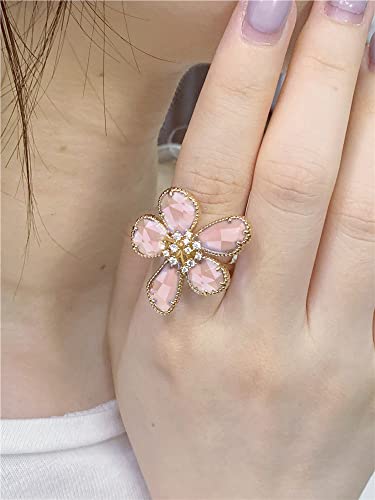 Dtja Shiny Crystal Flower Statement Ring for Women Girls Gold Plated Bling CZ Delicate Lightweight Adjustable Expandable Open Wrap Finger Rings Comfort Fit Boho Y2K Jewelry Wedding Birthday Christmas2