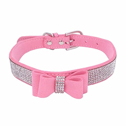 Wakeu Diamond Bowtie Crystal Rhinestone Collars for Small Dog Girl Boy (S, Pink)