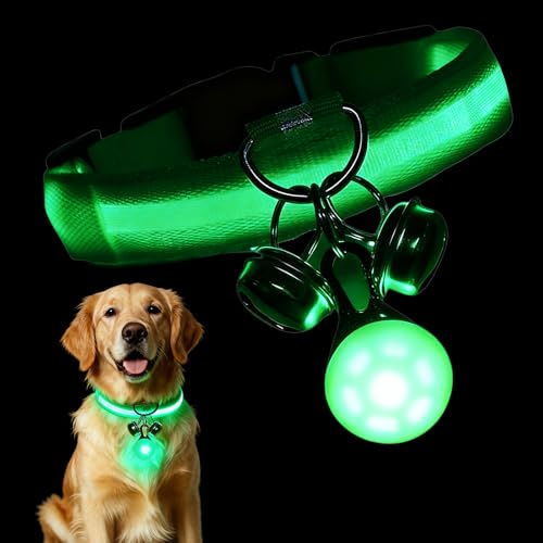 PASHOP Light Up Dog Collar, Rechargeable LED with Pendant Light and Bells, Adjustable, Breathable, Green, L Size