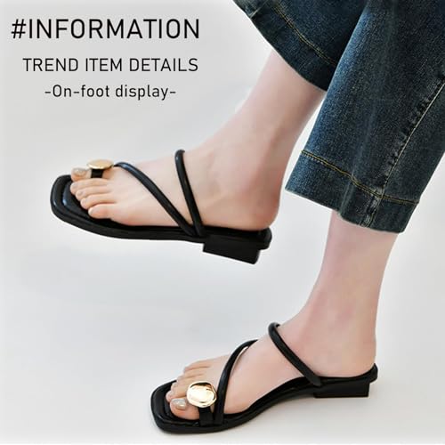 Image of Women'S Leather Strappy Flat Metal Toe Ring Sandals Fashionable Square Open Toe Low Block Heel Slip-On Clip Toe Slide Sandals Casual Summer Beach Slipper