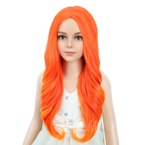Image of PATTNIUM Kids Girls Flame Fire Wig Long Wavy Curly Orange Wig Orange Ombre Long Wigs Cosplay Costume Synthetic Wigs