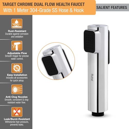 Image of Ruhe Target Water Saving Health Faucet Set for Bathroom | 2 Flow Modes | Handheld Jet Spray for Toilet | ABS Hand Gun with 304-Grade Stainless Steel Flexible Tube 1 Meter and Wall Hook /Holder