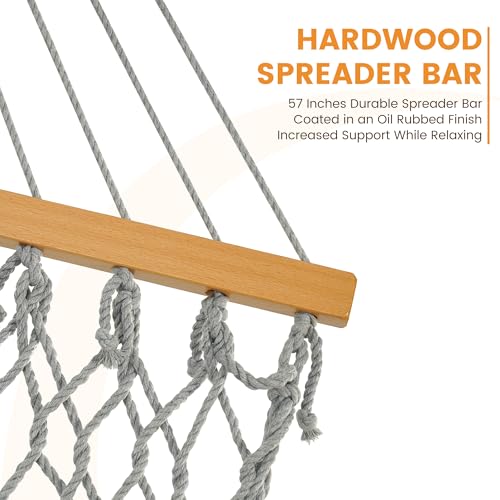 Image of Lazy Daze Hammocks 12FT Double Rope Hammocks, 2 Person Hand Woven Cotton Hammock with Spreader Bar, Carabiner, Tree Strap, Chain for Outside, FIT 13-15 FT Stand, Max 450 Lbs, Light Grey