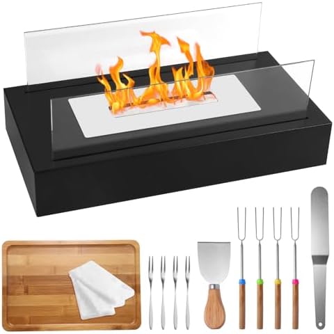 Foxgor Tabletop Fire Pit Metal Rectangle Table Top Firepit with Smores Maker Kit Portable Indoor/Outdoor Small Fireplace Table Fire Pit Tabletop Decor for Dinner Parties Garden and Patio Night Using Cover