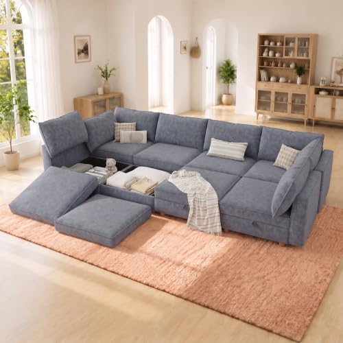 Image of 128 inch Chenille Modular Sofa Bed with Washable Covers & Storage, 8-Seater Modular Sectional Sleeper Sofa Bed with Movable Ottoman Chaise, Convertible Sleeper Sectional Couches for Living Room, Gray