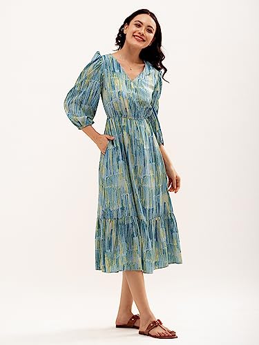Image of AASK Abstract Printed Puff Sleeve Gathered Detailed Fit Flare Dress