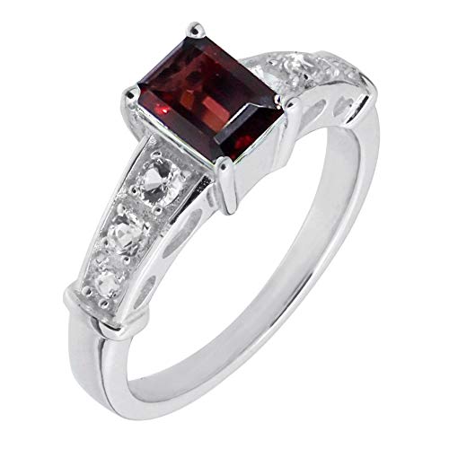 Art Deco Sterling Silver Emerald Cut Natural Mozambique Garnet & White Topaz Statement Ring (1.2 CT.T.W)