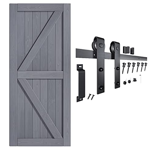 Image of FREDBECK Barn Door 34 x 84 Grey Wood Interior Door, Fit 30 inch-32 inch Opening