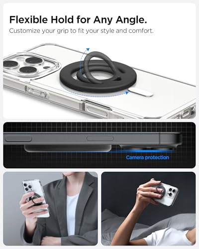 Image of Spigen Dual Pop Magsafe Ring Holder, Double Sided Magnet with Finger Loop Grip Compatible with iPhone 17 /16 /15 /14 /13 /12 Models, Pixel 10 Series [Soft Silicone Texture] [Strong Magnet] - Black