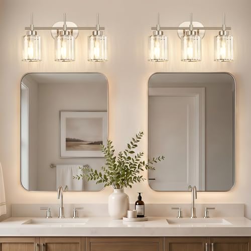 Image of 3-Light Bathroom Vanity Light Fixture, Brushed Nickel Bathroom Light with K9 Clear Crystal Shades, Modern Wall Sconce Lighting for Bathroom Mirror, Bedroom, Hallway