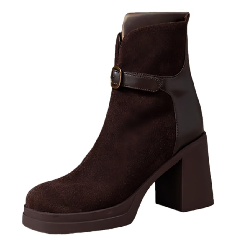 Thick-soled and chunky heel patchwork Womens short boots - Back zipper matte high heel Womens formal boots for