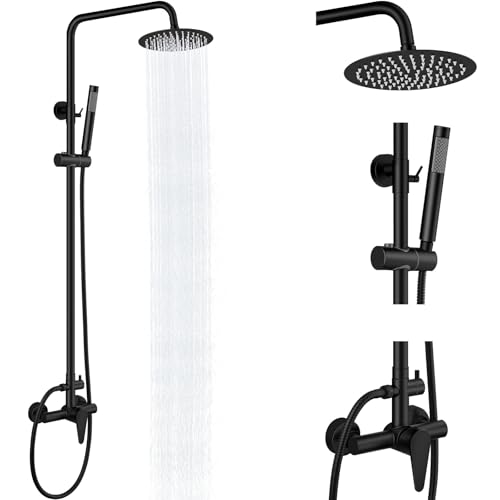Outdoor Shower Kit,Outdoor Shower Fixtures Faucet System Single Handle Brass Valve,8 Inch Rainfall Shower Head and Handheld Spray Dual Function Wall Mount SUS304 Matte Black
