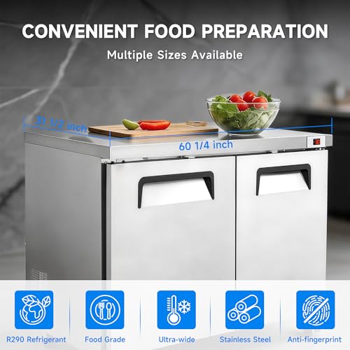 Image of 60 Inch Wide 2-Door Undercounter Freezer, 18 Cubic Ft Commercial Worktop Freezer for Cafe, Bar & Food Service, -8 to -1F Digital Control, ETL, DOE & NSF Certified