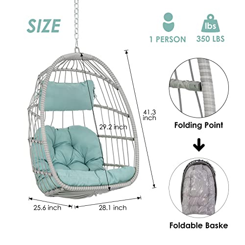 Hanging Egg Chair Without Stand - Foldable Indoor Outdoor Wicker Rattan Swing Egg Chair With Hanging Chain Hammock Chair - Uv Resistant Cushions & Aluminum Frame For Bedroom Patio Camping (Light Blue) #TOP5