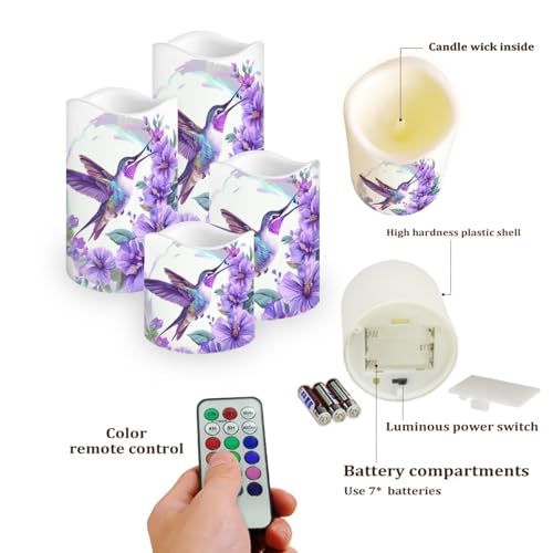 Image of Purple Hummingbird Pillar Candles Bulk Led Flameless Battery Operated Candles with Timer Remote Color Changing Electric Fake Candles for House Warming Home Decorations Set of 4