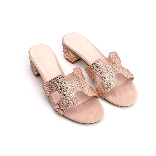 XOBZJH Evening Dress Shoes Rhinestone Blush Nude Block Heeled Sandals for Women 2025,Designer Luxury Crystals Slides H Sandals for Wedding Party Footwear by XOBZJH - Used condition - Image 8