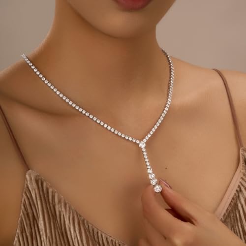 Moissanite Tennis Necklace-for-Women-Wedding-Prom-Jewelry: Lariat 18K White Gold Plated 925 Sterling Silver Rhinestone Simulated Diamond Pendant Long Chain Y Necklaces - Crystal Bridal Gifts2