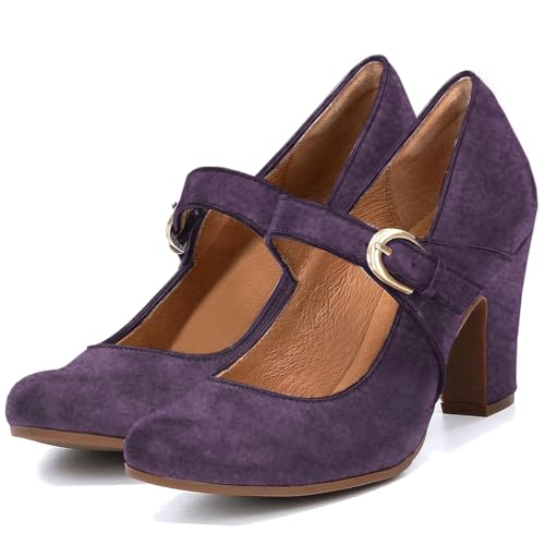 Image of SHODENSE Women Vintage Chunky High Heel Mary Jane Shoes Round Closed Toe Ankle Strap Dress Sandals 3 inch Block Heels Mary Jane Lolita Pumps Two-Toned Patchwork Buckle Office Lady Wedding Retro 4-11 M US