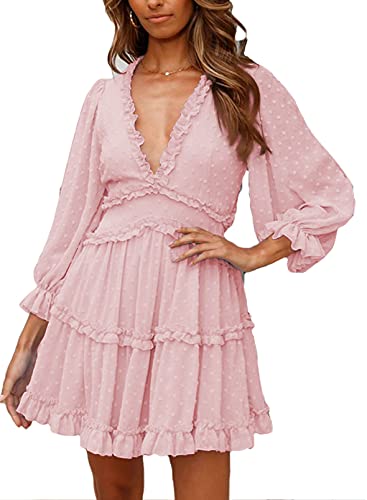 Asvivid Womens Summer Casual Long Sleeve Tunic Dress V Neck Loose Flowy Swing Skater Mini Dress Boho Chiffon Mini Dress V Neck Bubbles Tunic Dress Pink L