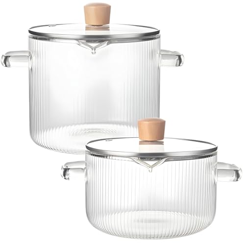 Juego de 2 cacerolas de vidrio de borosilicato, incluye tapas de madera, aptas para microondas y lavavajillas, ollas resistentes a altas temperaturas