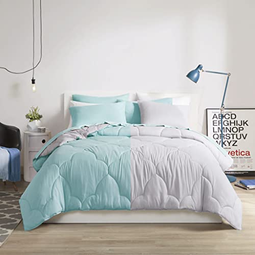 Image of Comfort Spaces Vince Reversible Bed In A Bag - Trendy Casual Geometric Quilted Cover, All Season Down Alternative Cozy Bedding, Matching Sham, Full, Reversible Aqua /Gray 9 piece