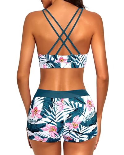 Image of Tempt Me 3 Piece Tankini Swimsuits for Women Athletic Bathing Suits Swim Tank Top with Boy Shorts and Bra Modest Swimwear