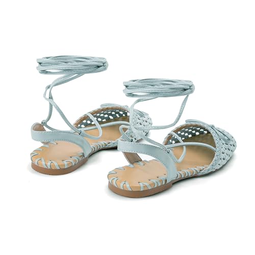 Image of Woven Ballet Flats for Women Lace Up Closed Square Toe Summer Sandals Dressy Shoes