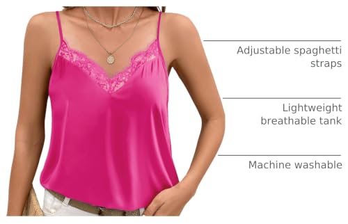 Image of Ekouaer Women's Satin Camisole Lace Silk Satin Pajama Tank Tops V Neck Soft Spaghetti Strap Loose Sleepwear Rose Red