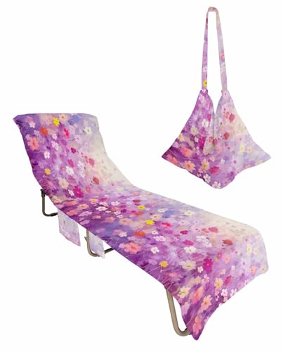 Pink Spring Floral Beach Lounge Chair Towel Cover, Soft Chaise Lounge Towel with Side Pockets Patio Pool Chairs Cover for Beach/Pool Sunbathing 29x85 Summer Daisy Botanical Oil Painting