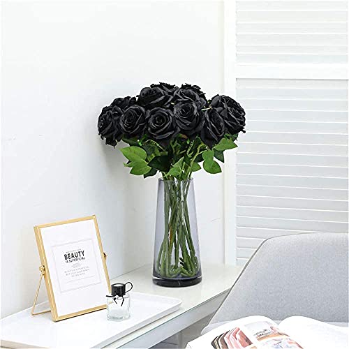 Hawesome 12PCS Artificial Silk Flowers Realistic Roses Bouquet Long Stem for Home Wedding Decoration Party (Black-1)