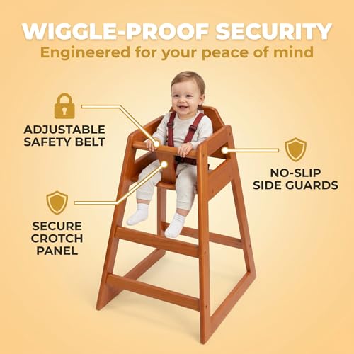 Image of Walnut Wooden Restaurant High Chair - Stackable Rubberwood Dining Chair with Safety Bar, Easy-Clean Finish, Commercial Restaurant Seating