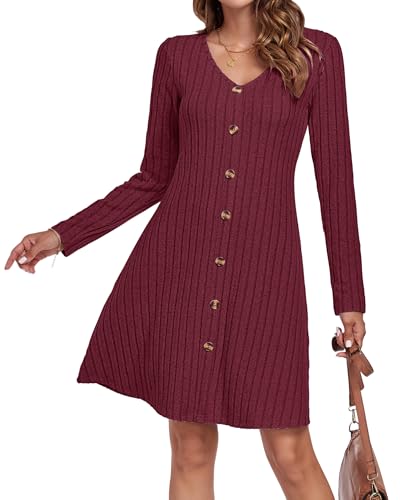 AUSELILY Herbstkleid Damen Strickkleid Dekorative KnöPfe Leichte Langarm Kleid Herbst Winter V-Ausschnitt A Linien Pulloverkleid Winterkleid Elegant Weinrot 2XL