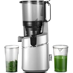 Exprimidor Slow Juicer AMZCHEF Extractor de Zumos y Verduras Automático, 135MM Apertura y 1.8L Capacidad Licuadora para Verduras y Frutas Entera, 250W Licuadora Prensado en Frio Lento con Triple Filtro - Plata